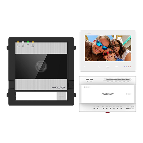 KIT videointerfon 2 fire pentru 1 familie, monitor 7 inch, Alarma, IK08, Card 32GB - HIKVISION