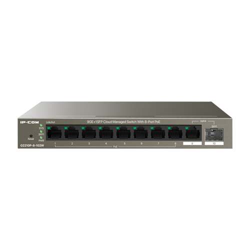 Switch 8 porturi PoE Gigabit, uplink 1 x RJ45 + 1 x SFP Gigabit, 92W, Cloud Management - IP-COM G2210P-8-102W