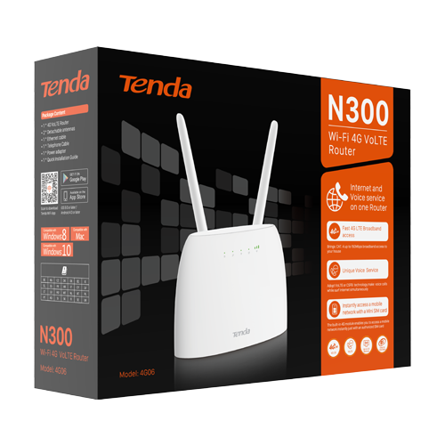 Router 4G, Wi-Fi, N300, 2.4GHz, 1 x Nano SIM, 2 x RJ45 10/100 Mbps, 1 x RJ11 - TENDA