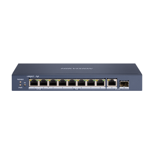 Switch 8 x RJ45 Gigabit PoE 802.3at/af/bt, 1 x RJ45 Gigabit Uplink, 1 x SFP Gigabit - HIKVISION