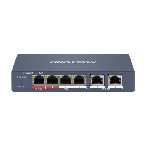 Switch 4 x RJ45 100 Mbps PoE at/af/bt, 2 x RJ45 100 Mbps Uplink, Management - HIKVISION