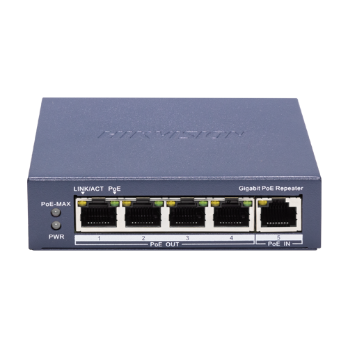 Switch-repeater Gigabit 4 x RJ45 PoE Out af/at, 1 x RJ45 PoE In af/at/bt, PoE Management - HIKVISION