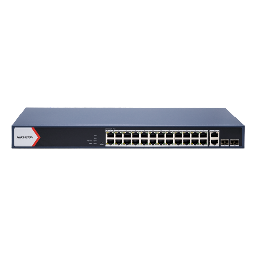 Switch 24 porturi PoE Gigabit, 2 porturi RJ45 Gigabit, 2 porturi SFP Gigabit, Smart Management - HIKVISION
