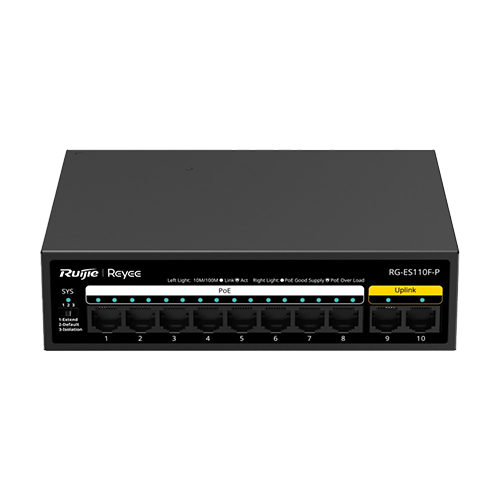  Switch L2, 2 x RJ45 10/100 Mbps, 8 x RJ45 10/100 Mbps PoE/PoE+ OUT, Unmanaged - Ruijie Reyee